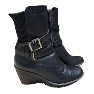 Aquatalia Black Leather & Knit Buckle Wedge Bootie
